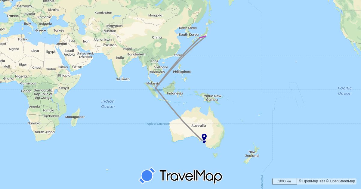 TravelMap itinerary: driving, plane, train, hiking in Australia, Japan, Singapore (Asia, Oceania)